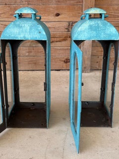 Vintage Monumental Cast Iron Lanterns With Distressed Turquoise Finish — Pair