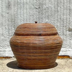 Vintage Monumental Cerused Pencil Reed Lidded Basket