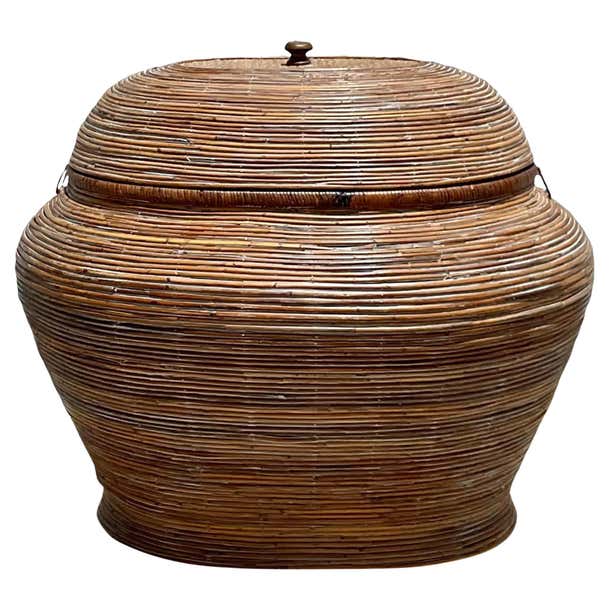 Large Reed Basket Vintage Monumental Cerused Pencil Reed Lidded Basket For Sale at 1stDibs