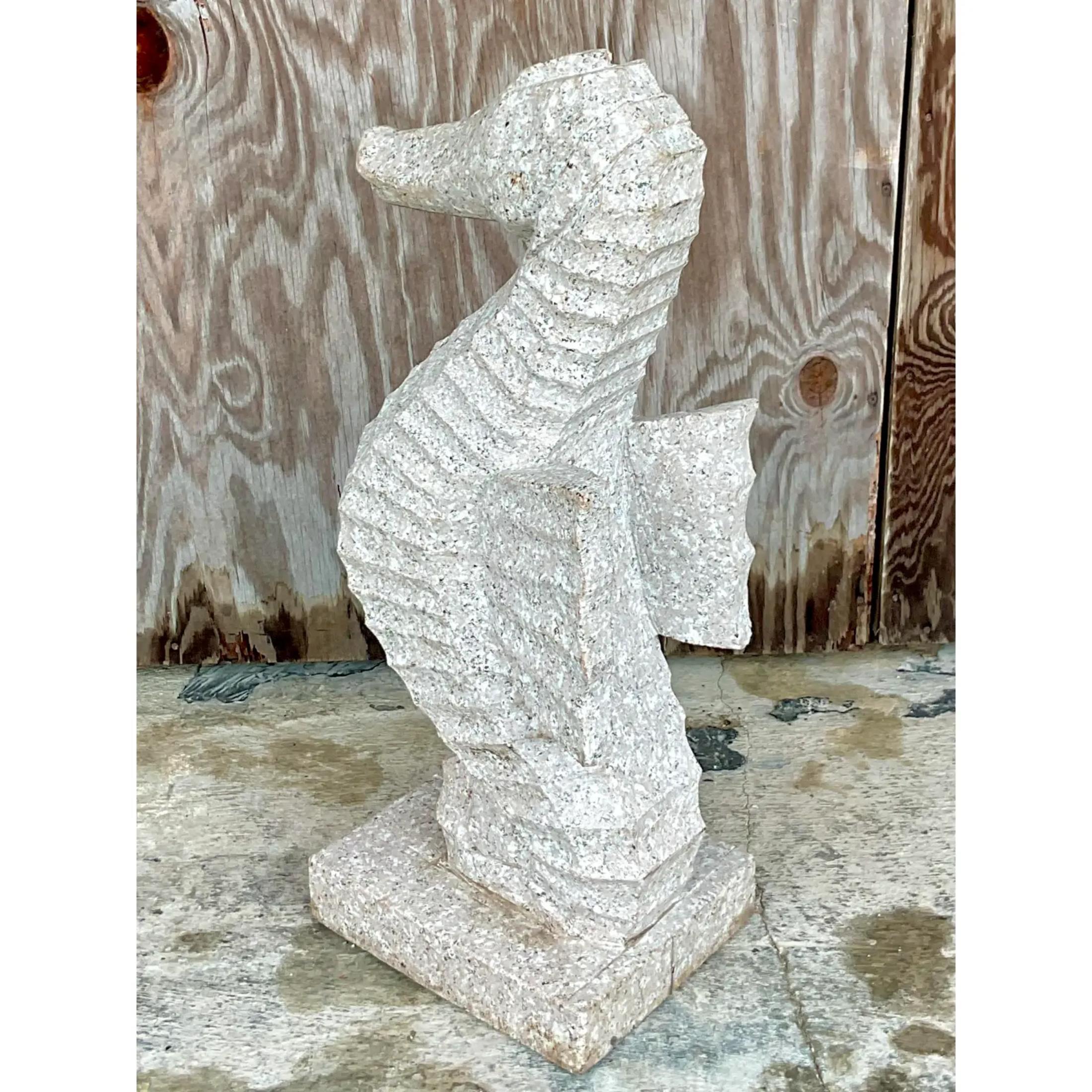 Stunning vintage Coastal Sea Horse Statue. Beautiful detail on a solid stone in a pale grey with flashes of pink. Perfect indoors or out. Acquired from a Palm Beach estate.