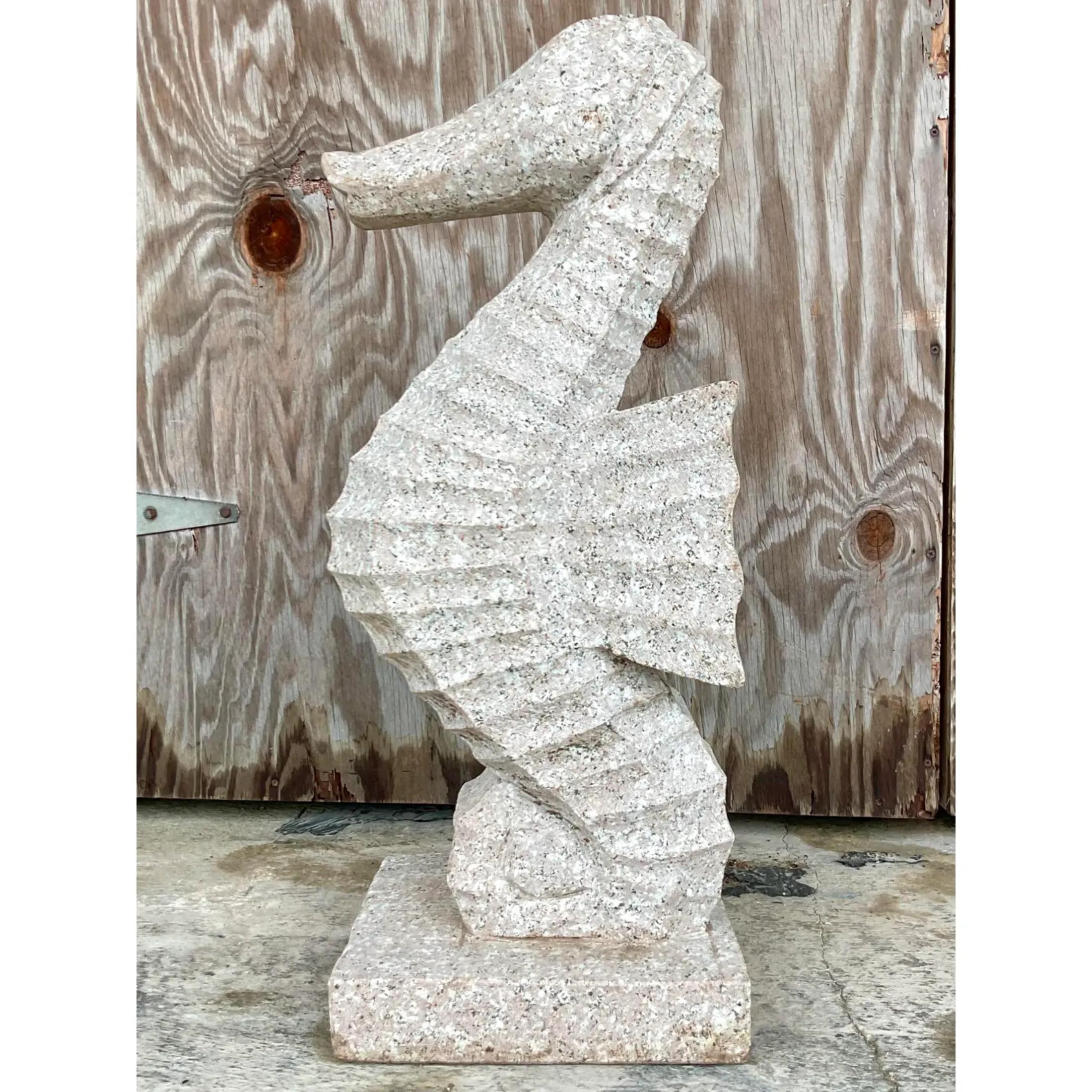 Bohemian Vintage Monumental Coastal Carved Stone Sea Horse Sculpture For Sale