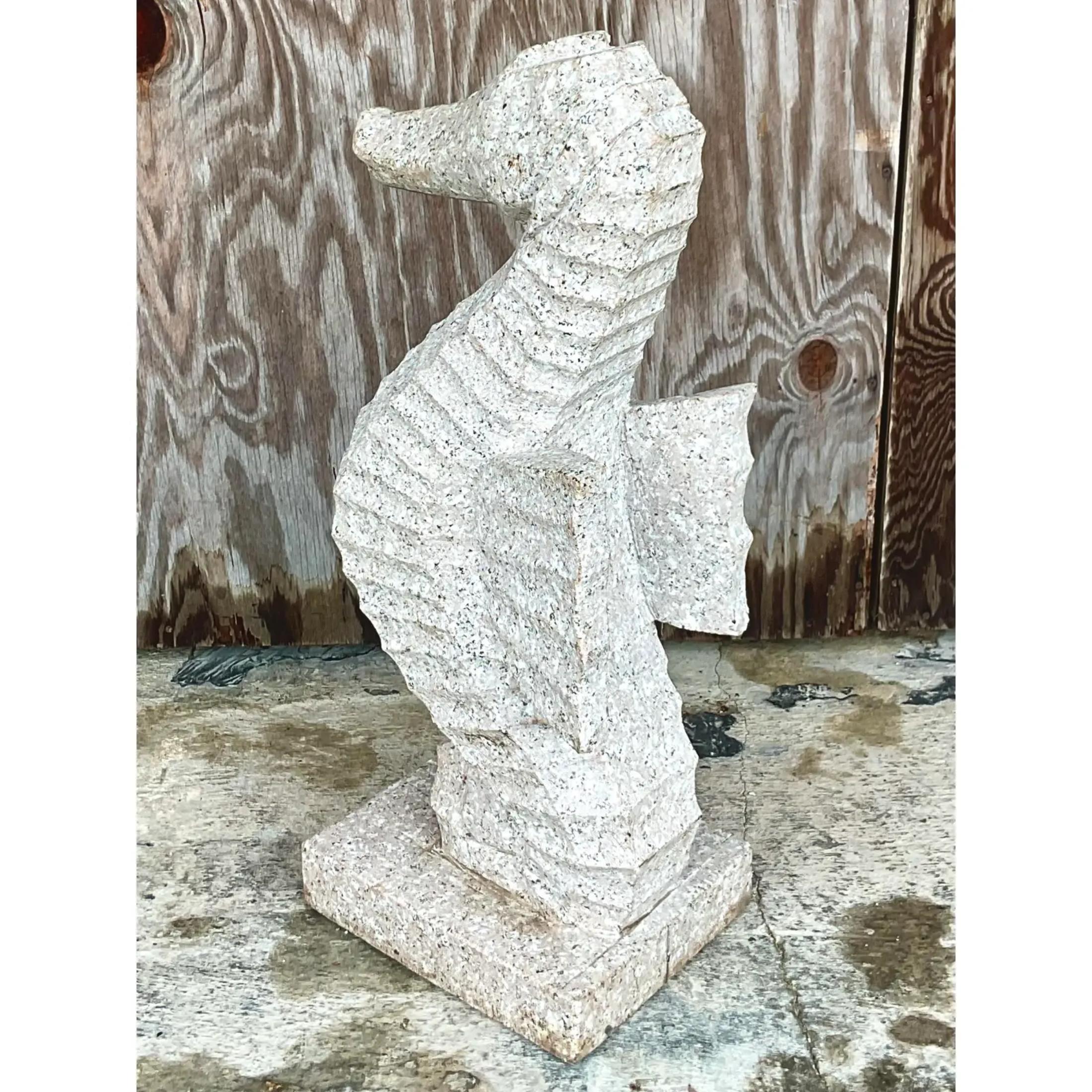 Vintage Monumental Coastal Carved Stone Sea Horse Sculpture In Good Condition For Sale In west palm beach, FL