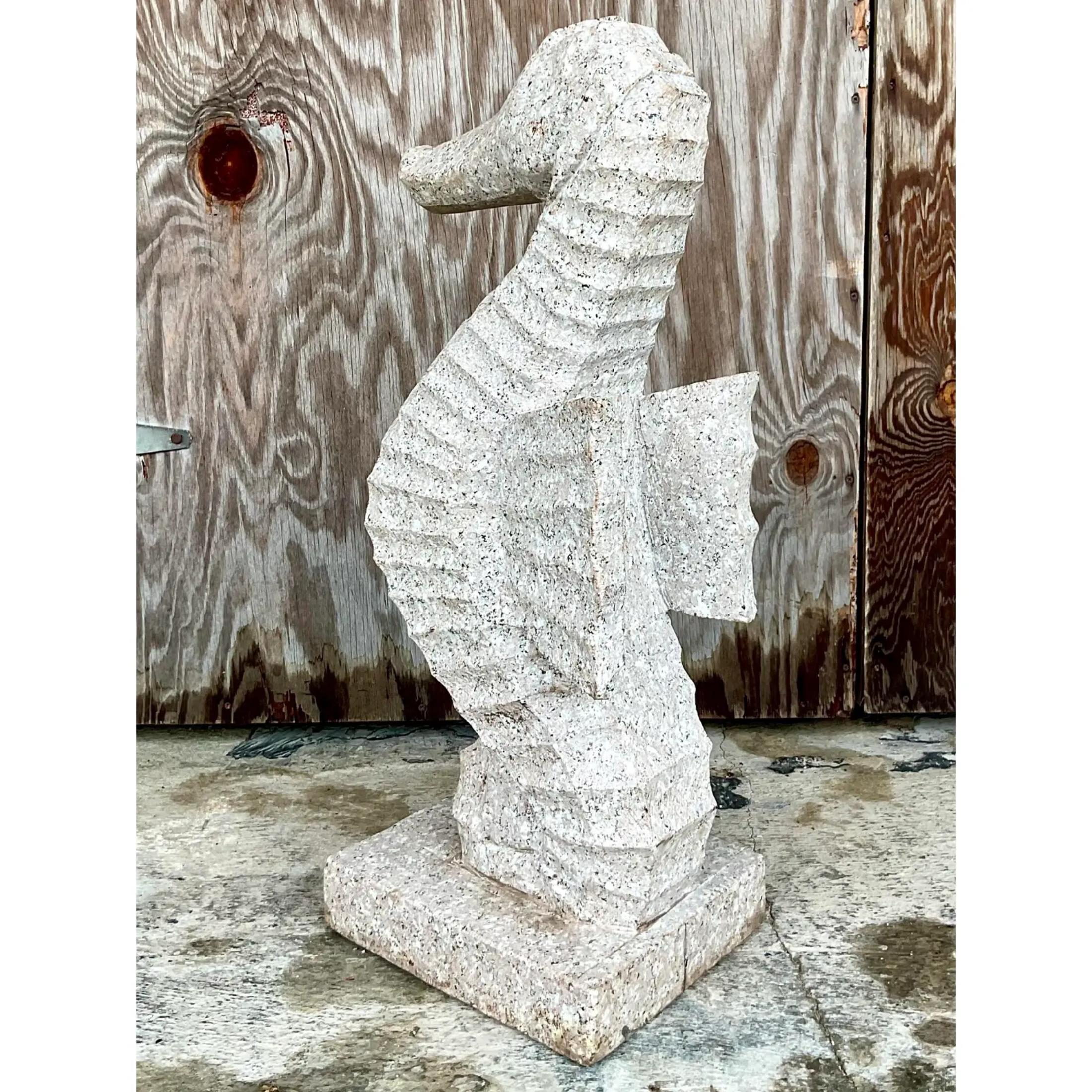 Vintage Monumental Coastal Carved Stone Sea Horse Sculpture For Sale 1