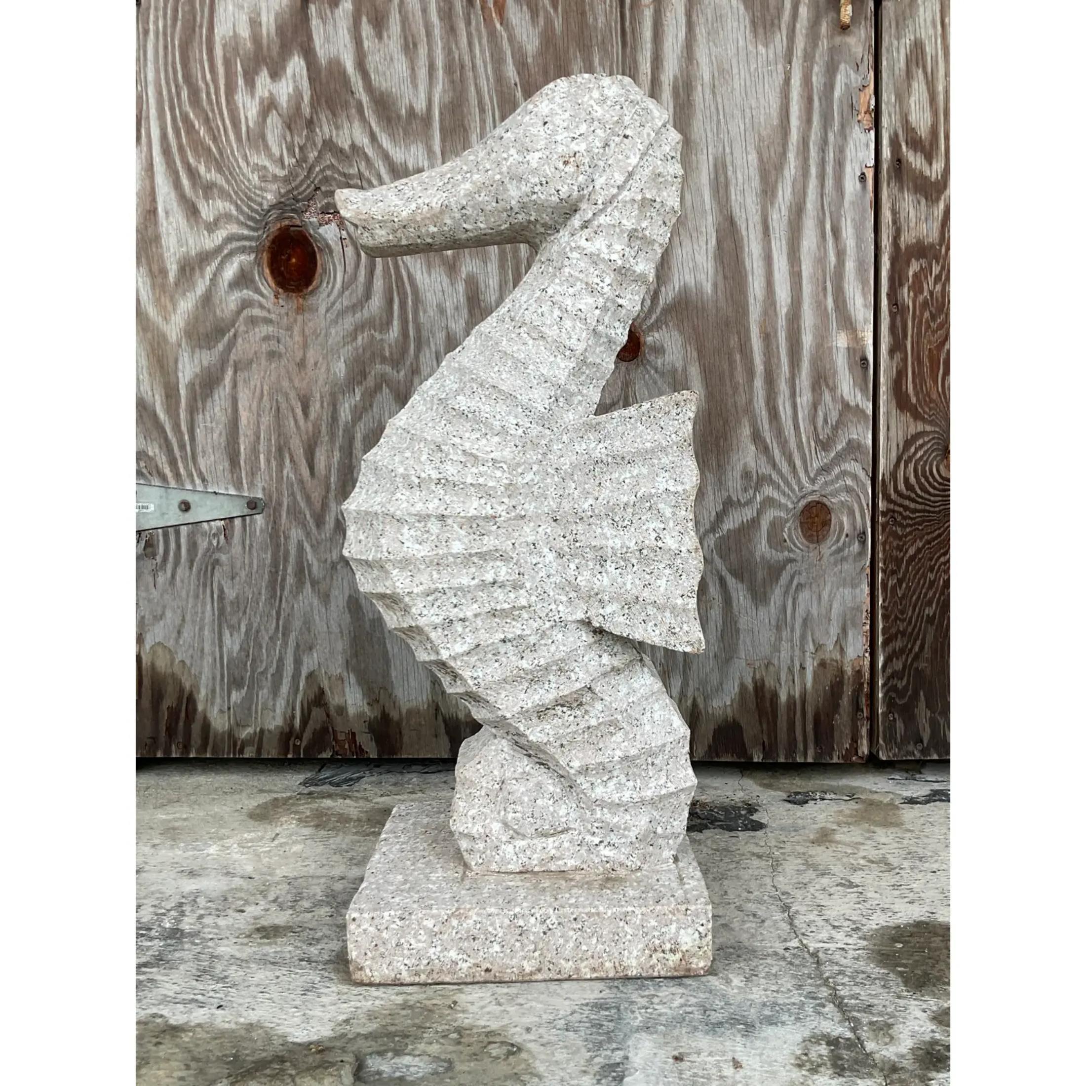 Vintage Monumental Coastal Carved Stone Sea Horse Sculpture For Sale 4