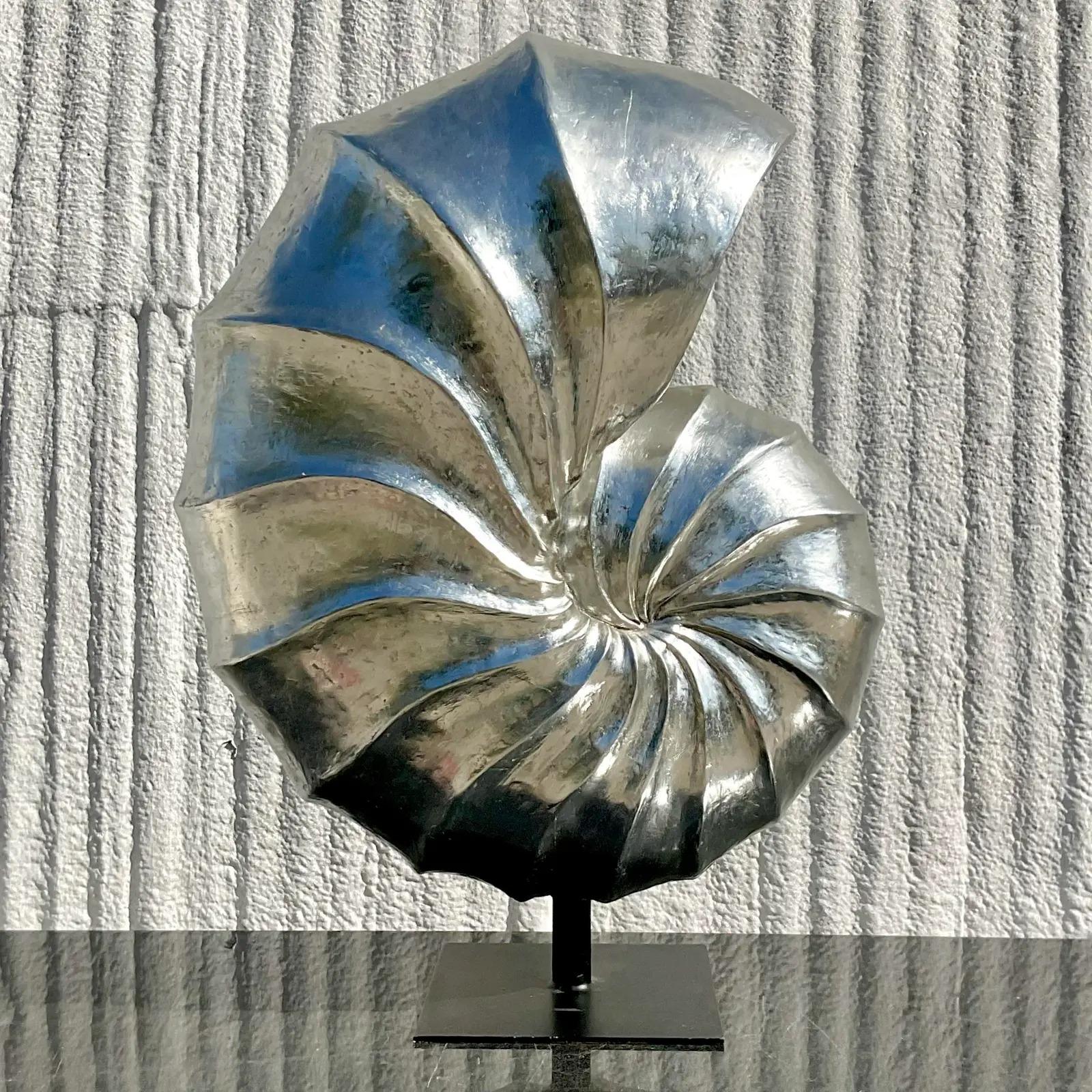 North American Vintage Monumental Coastal Silver Resin Nautilus Shell Sculpture