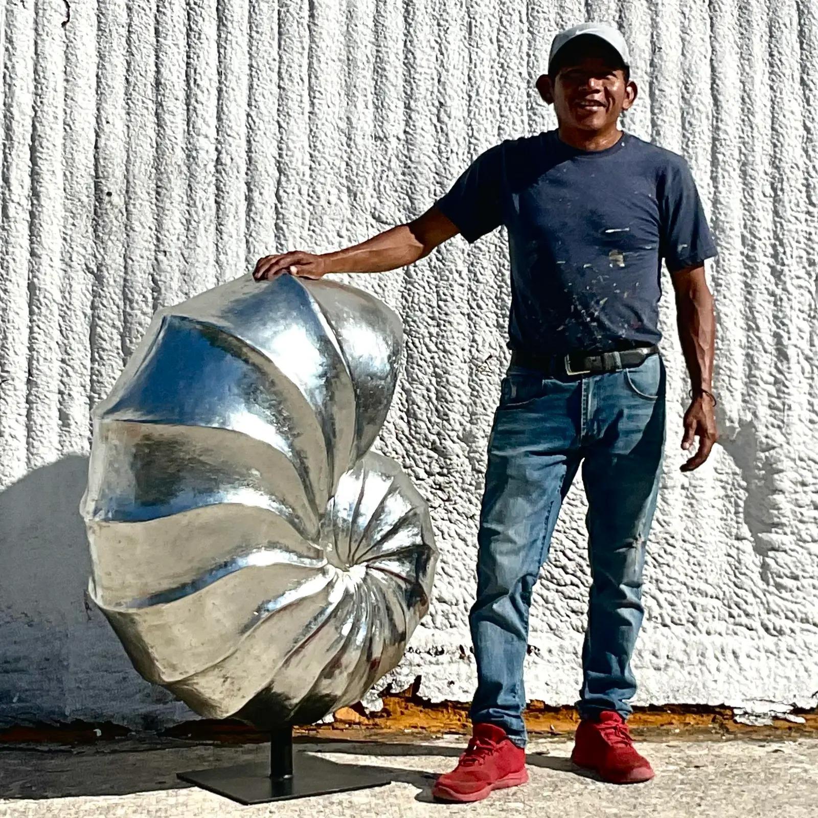 Vintage Monumental Coastal Silver Resin Nautilus Shell Sculpture 1