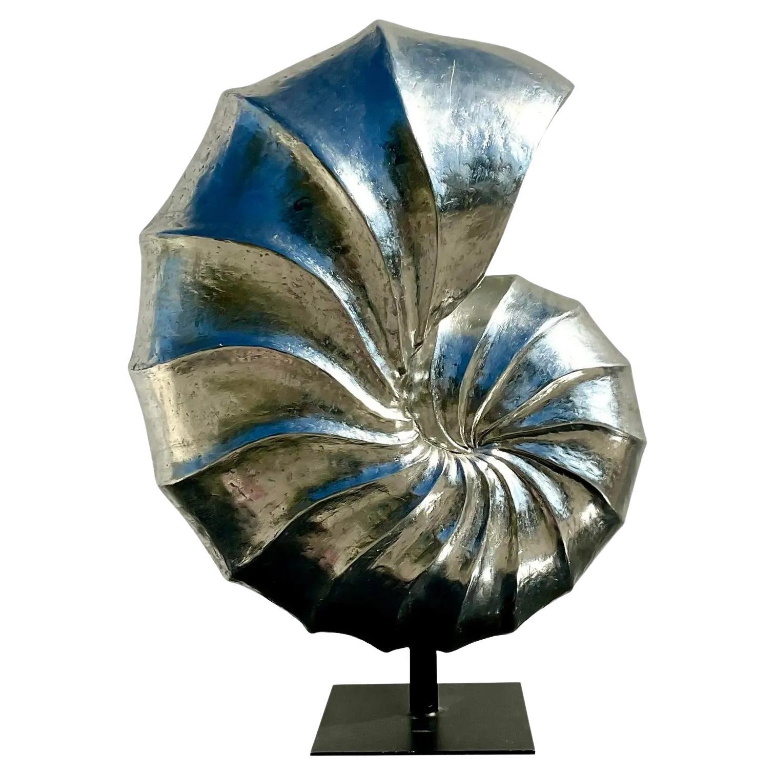 Vintage Monumental Coastal Silver Resin Nautilus Shell Sculpture