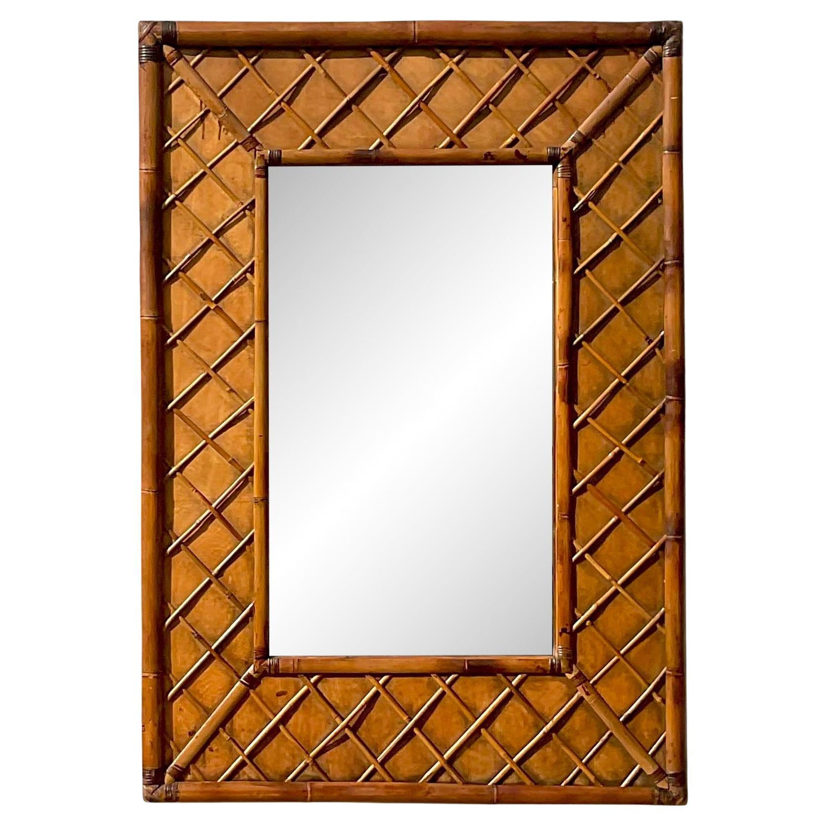 Vintage Monumental Coastal Trellis Rattan Mirror For Sale