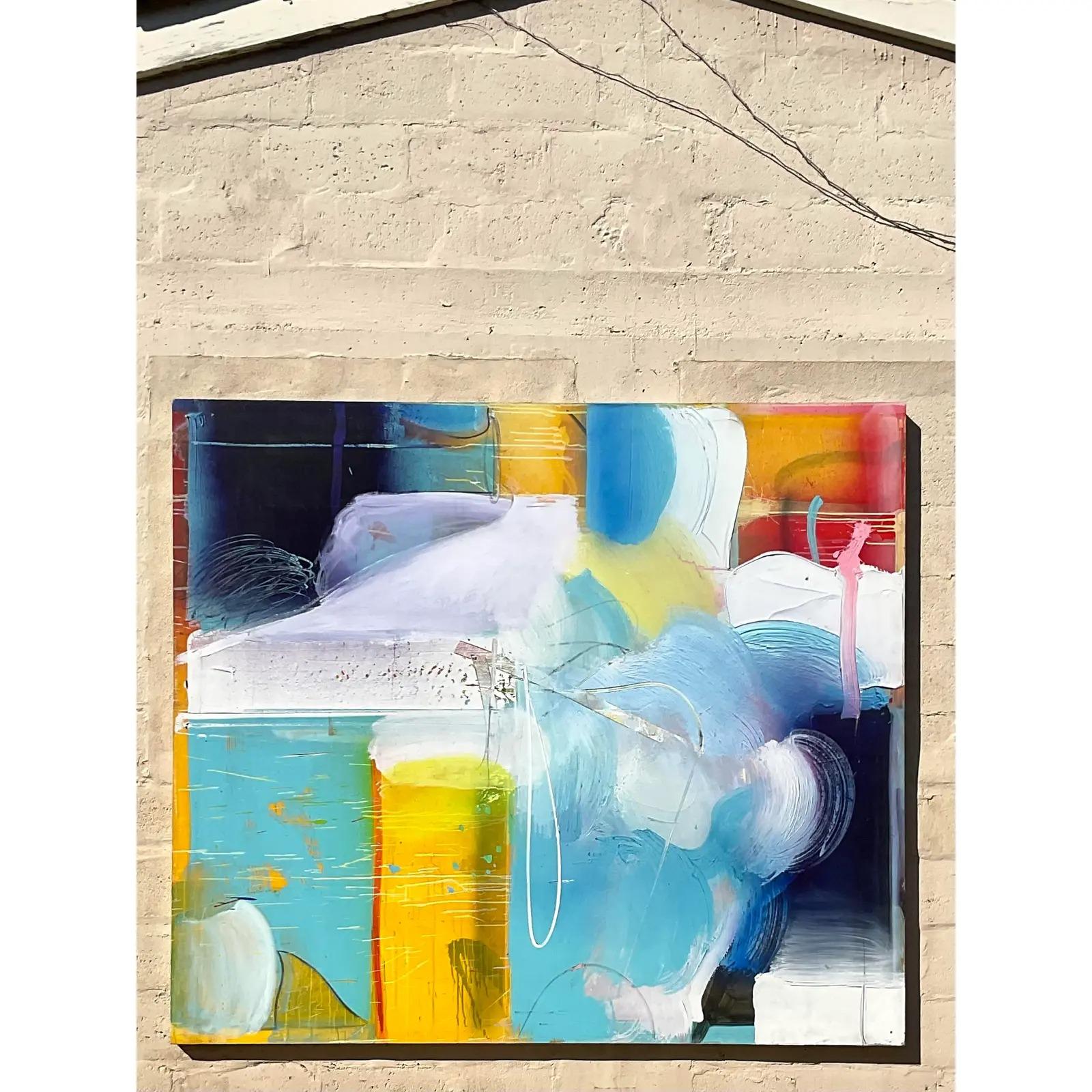 An incredible monumental vintage Contemporary oil painting on canvas. A fantastic Abstract in bright clear colors. Signed by the artist. Acquired from a Palm Beach estate.