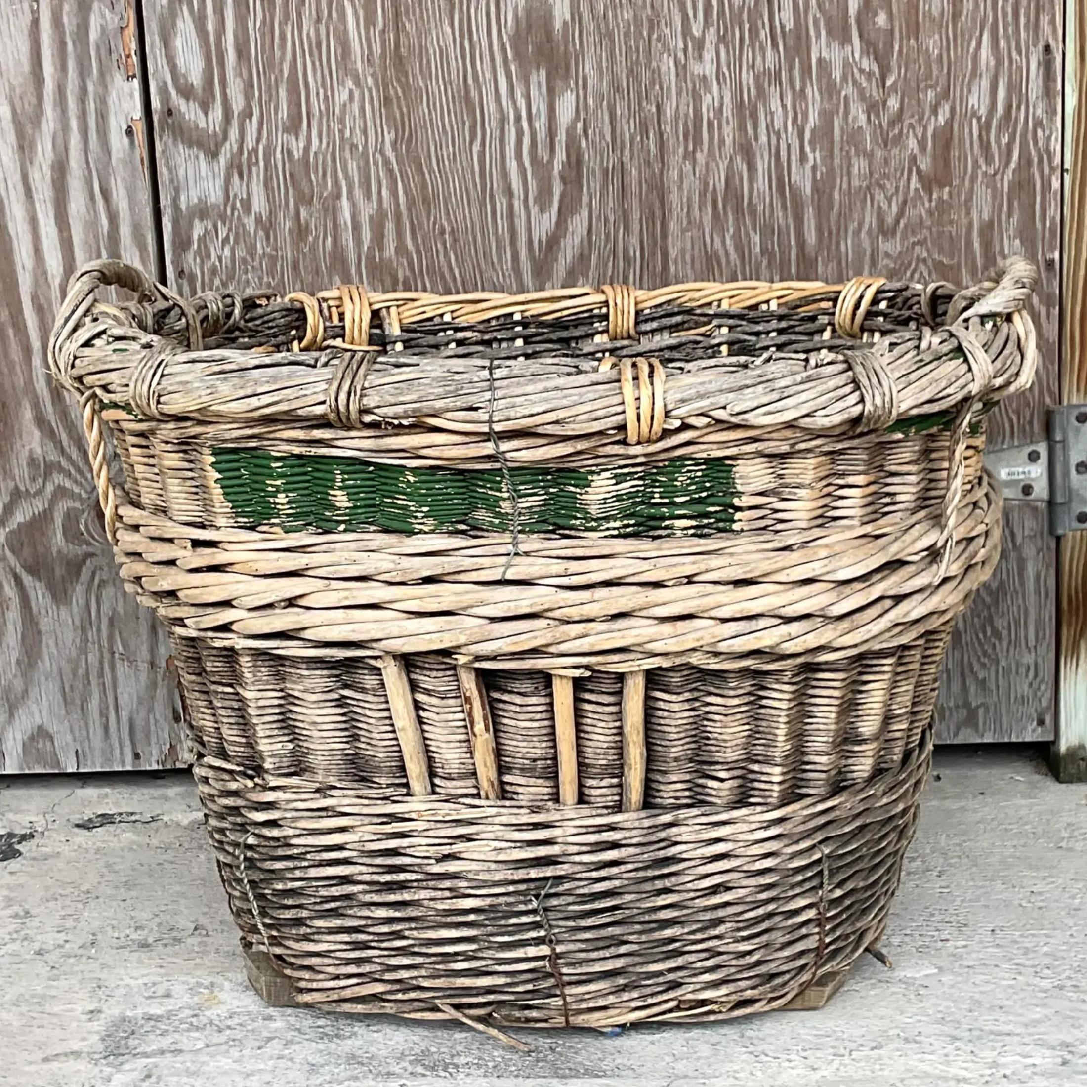 Vintage Monumental French Woven Rattan Basket For Sale at 1stDibs