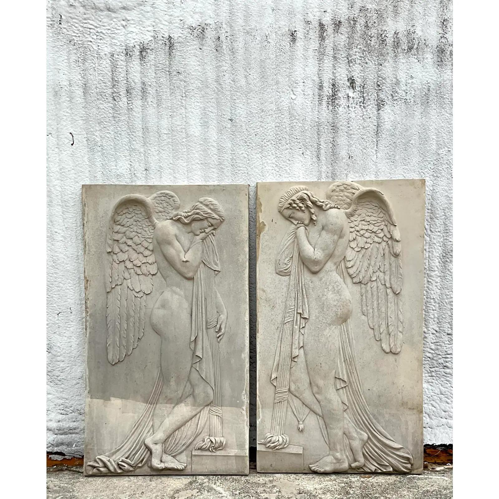 Vintage Monumental Grand Tour Cast Stone Relief Sculptures - a Pair In Good Condition In west palm beach, FL