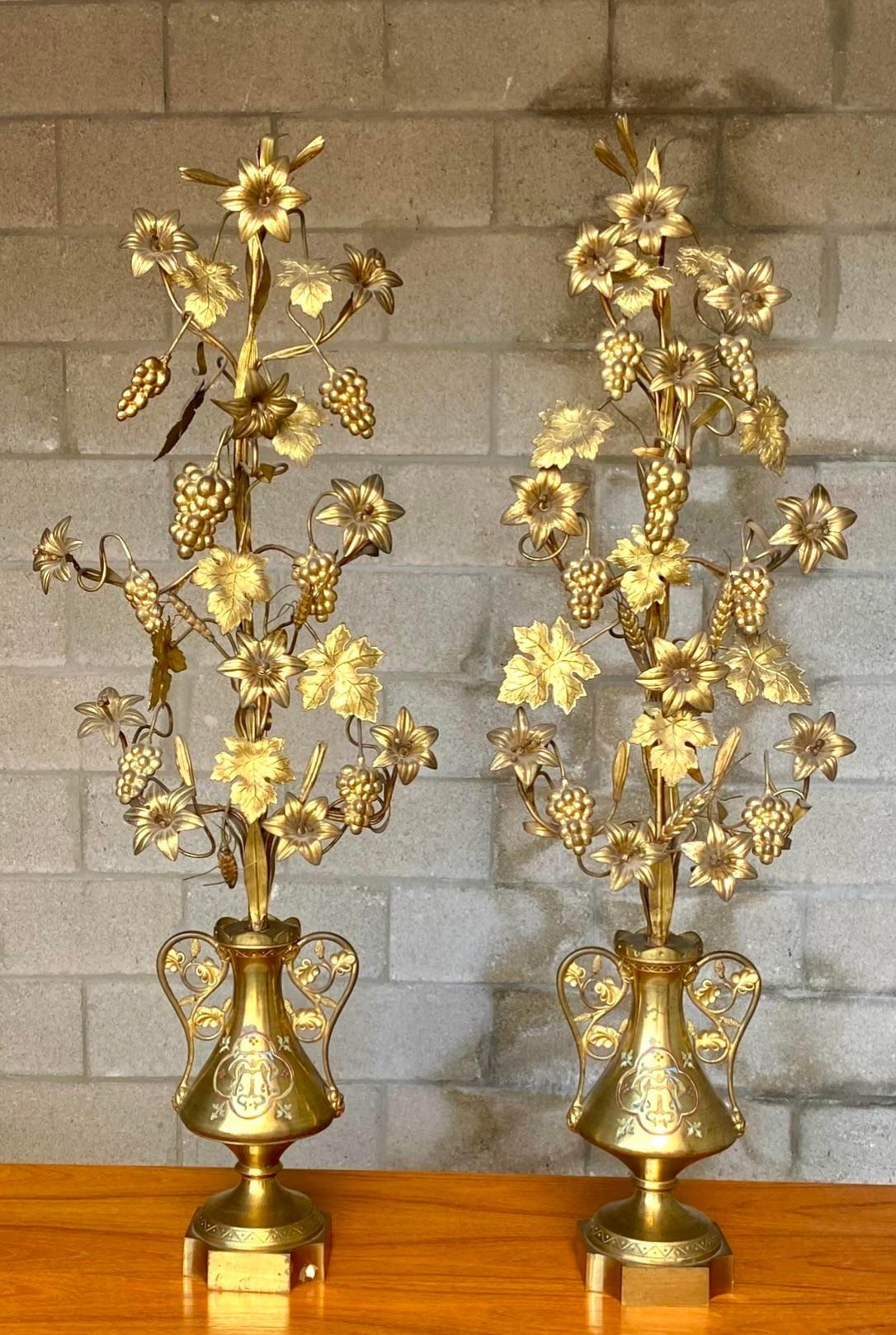 Vintage Monumental Hammered Brass Floral Towers, a Pair For Sale at 1stDibs