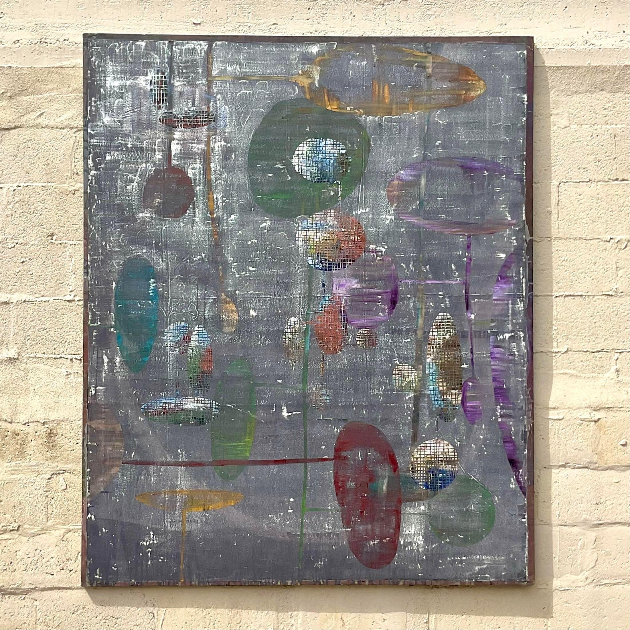 Vintage Monumental Industrial Abstract Oil Painting on Canvas In Good Condition For Sale In west palm beach, FL