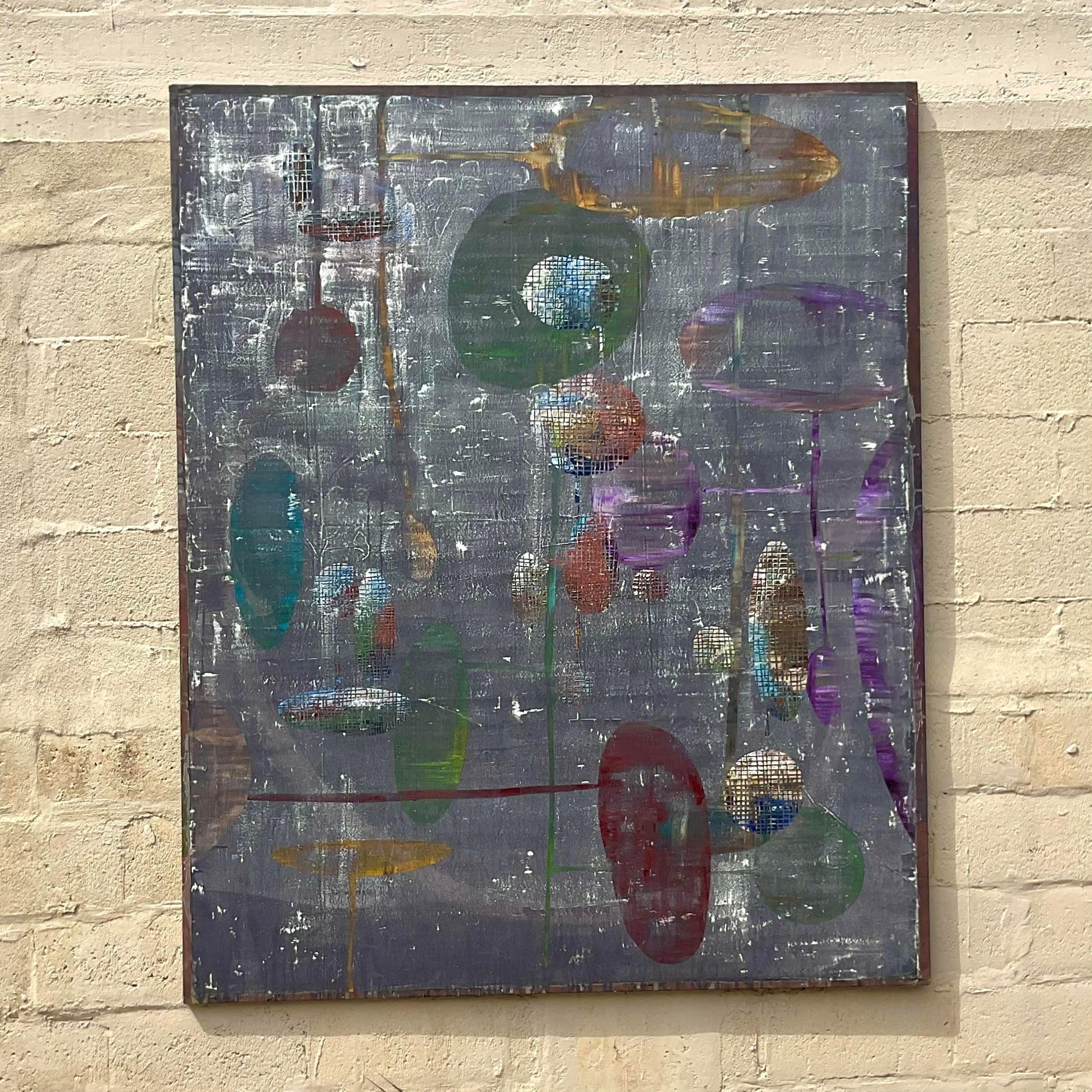 Vintage Monumental Industrial Abstract Oil Painting on Canvas For Sale 1