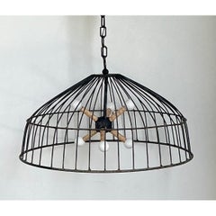 Vintage Monumental Industrial Metal Cage Pendant Light