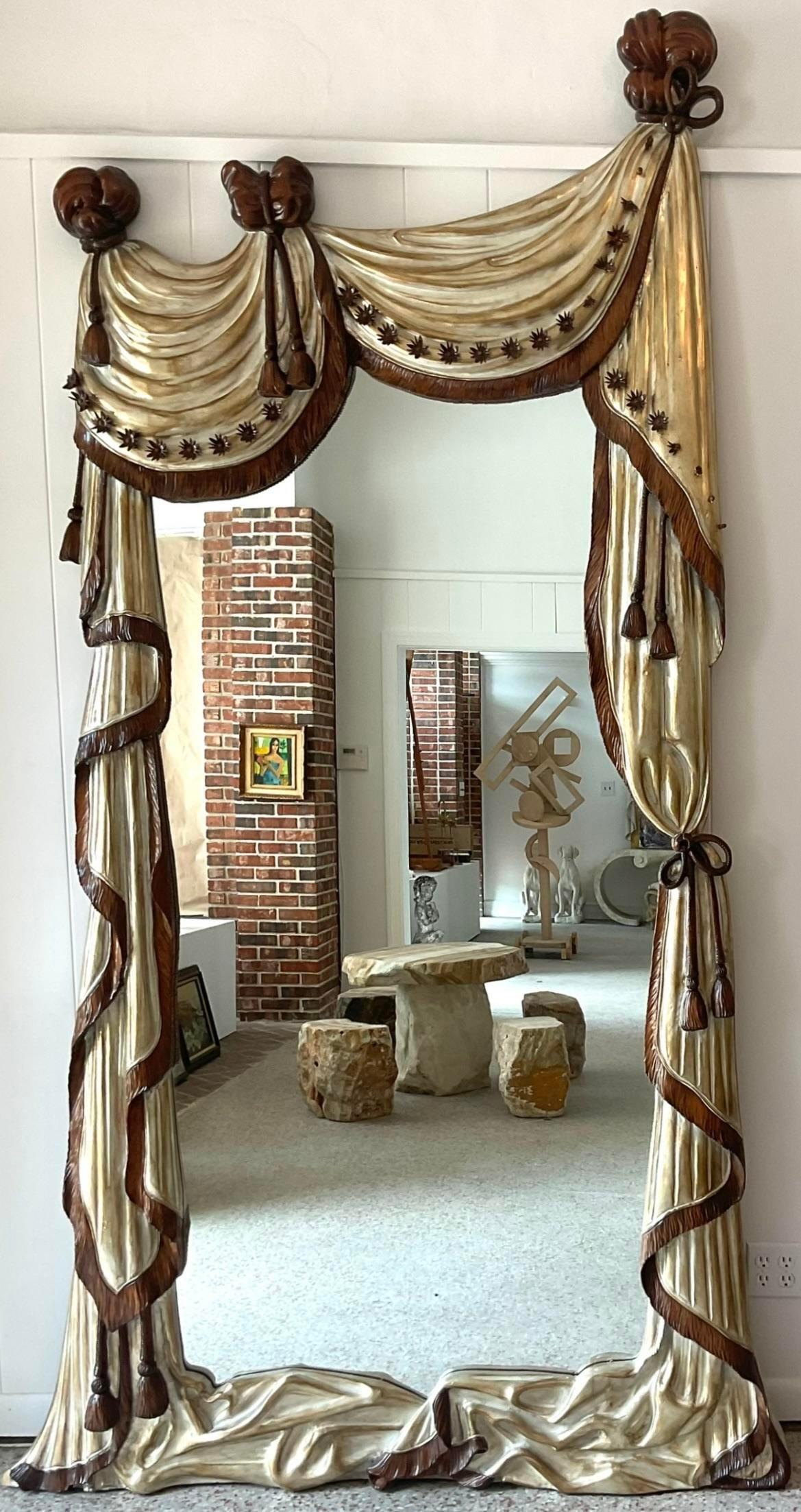 20th Century Vintage Monumental Italian Jumbo Collection Hand Carved Swag Mirror For Sale