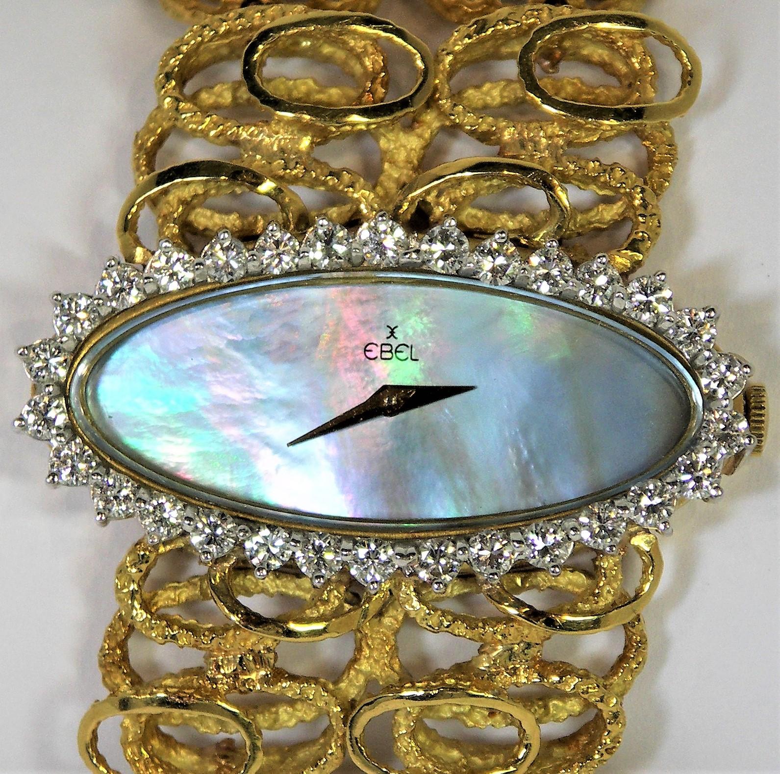 Vintage Monumental Mother of Pearl, Gold and Diamond Ladies Ebel Watch In Good Condition In Palm Beach, FL