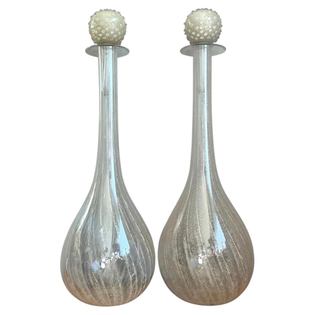 Vintage Monumental Murano Handblown Glass Bottles with Stoppers - Pair