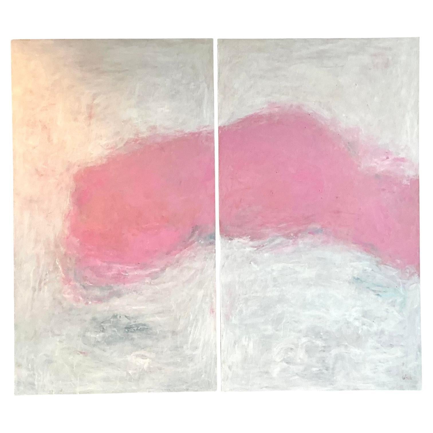 Vintage Monumental Original Abstract Diptych Oil Painting on Canvas - Set of 2