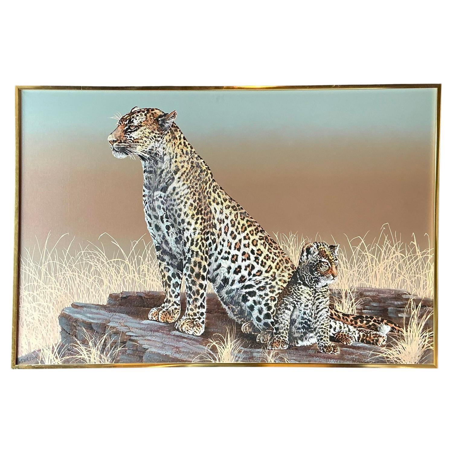Vintage Monumental Original Oil Painting of Cheetahs (peinture à l
huile monumentale de guépards)