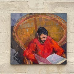 Vintage Monumental Original Signed Painting of Reading Man