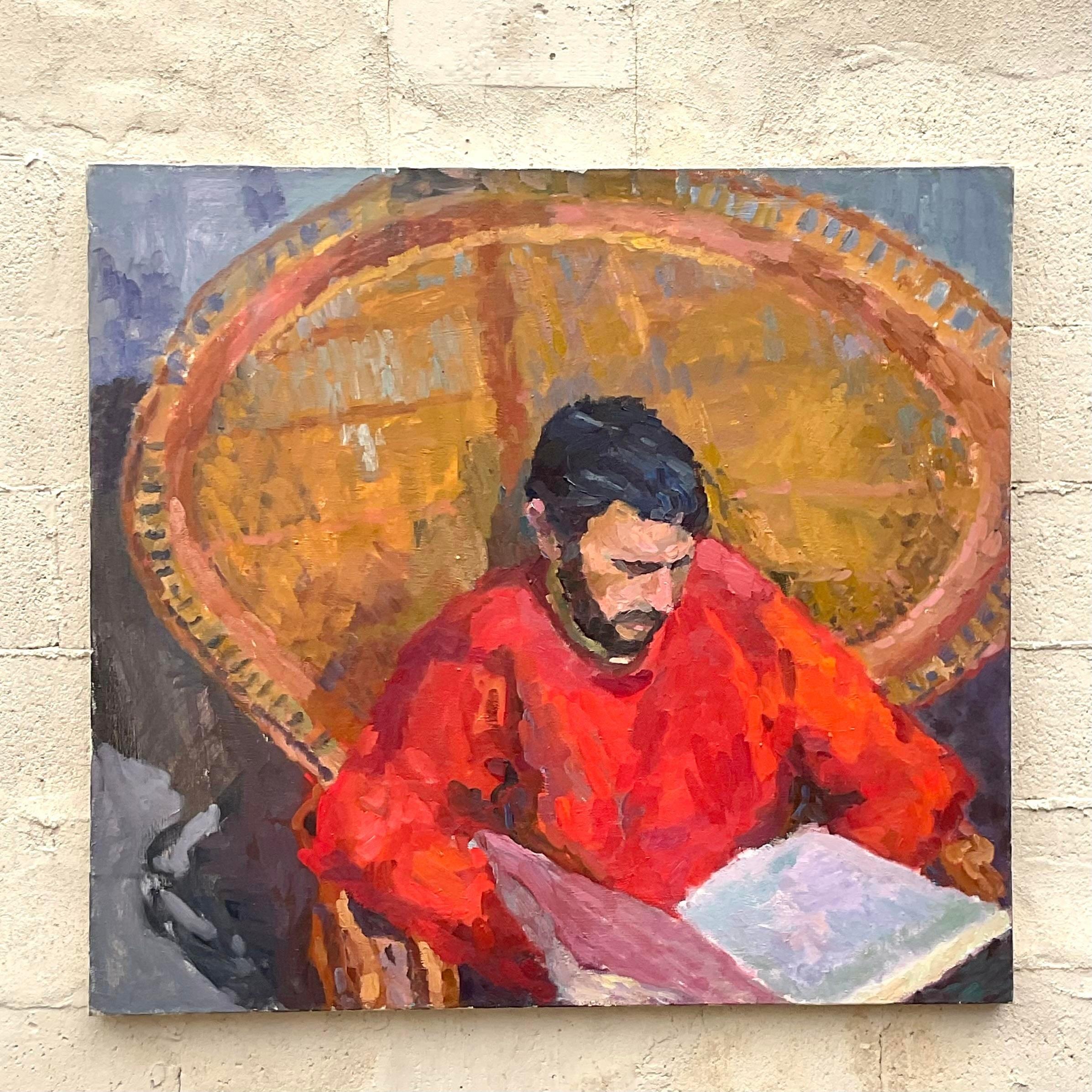 Vintage Monumental Original Signed Painting of Reading Man In Good Condition For Sale In west palm beach, FL