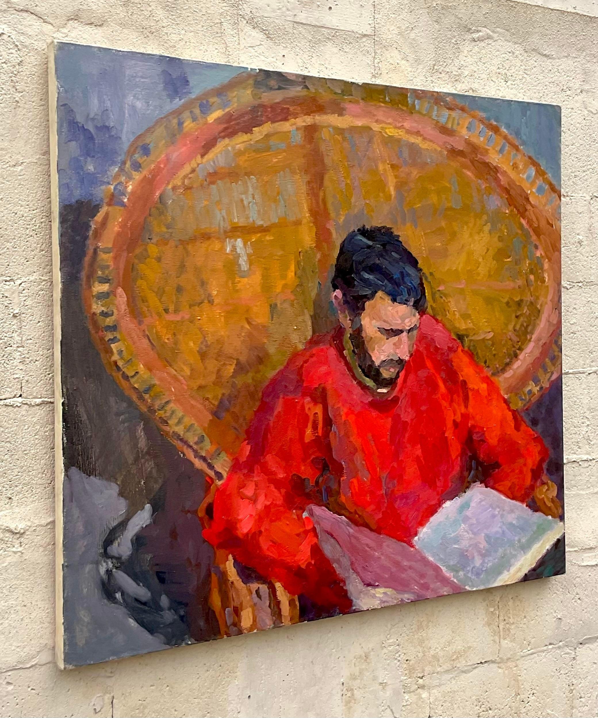 20th Century Vintage Monumental Original Signed Painting of Reading Man For Sale