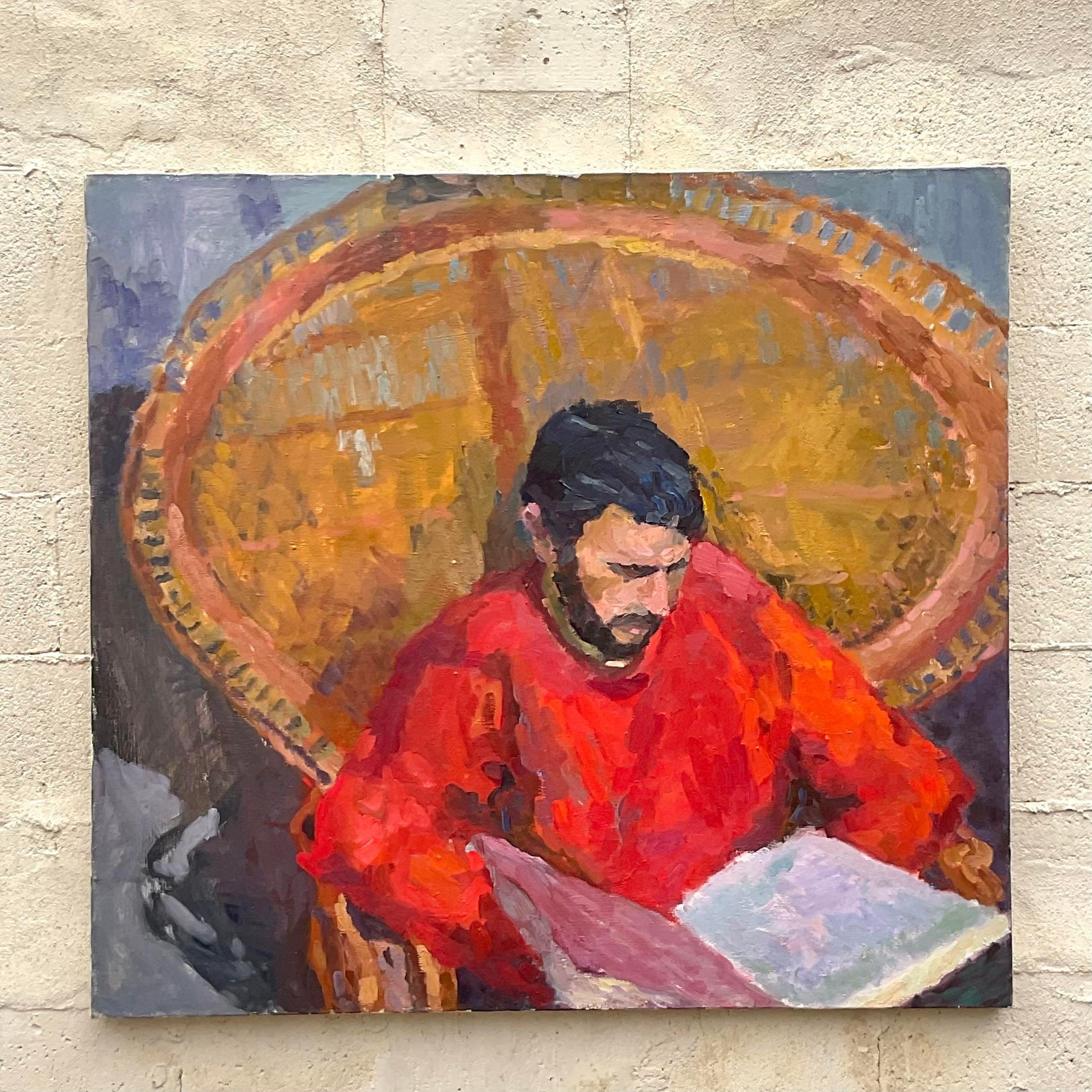 Vintage Monumental Original Signed Painting of Reading Man For Sale 1
