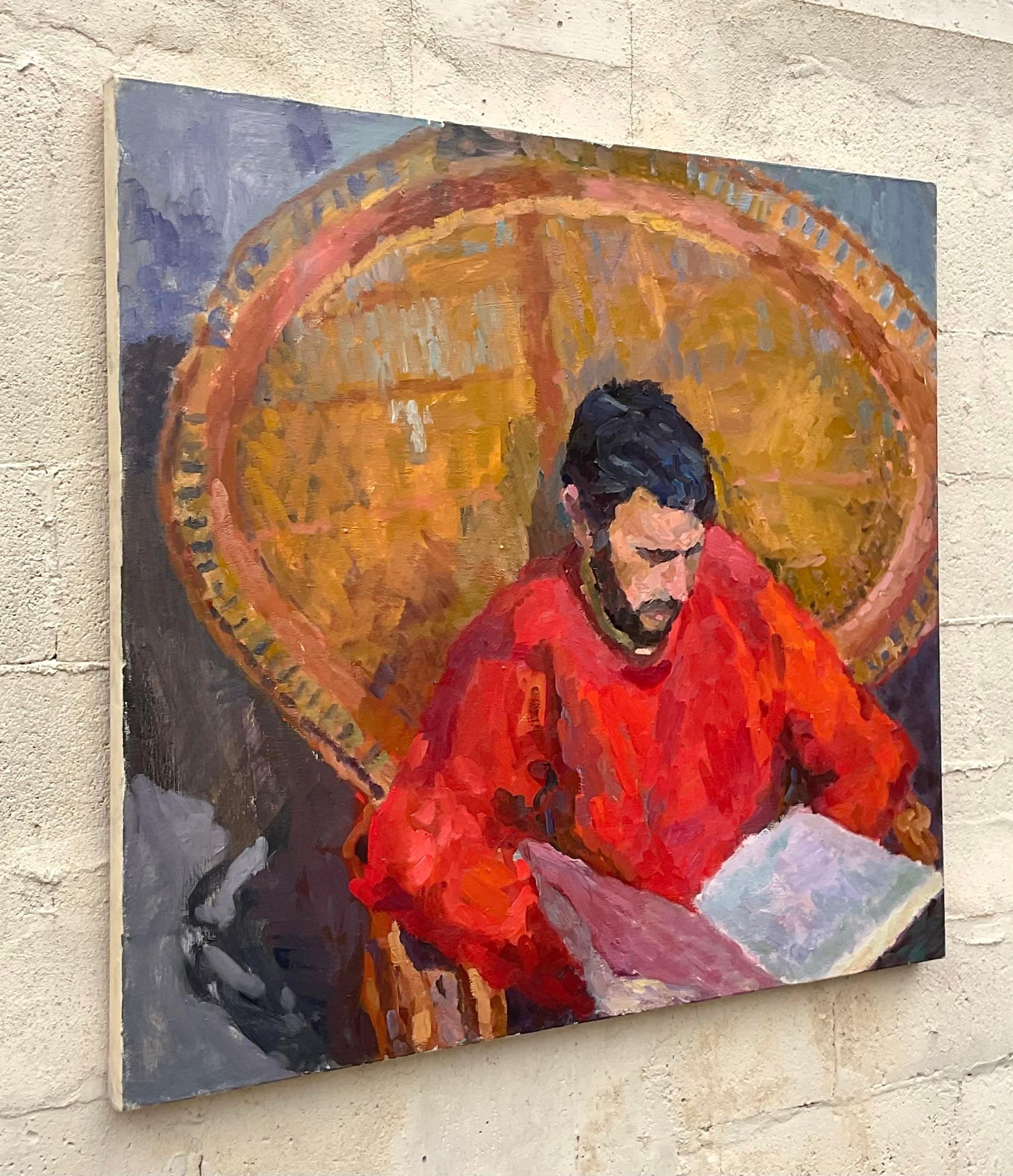 Vintage Monumental Original Signed Painting of Reading Man For Sale 2