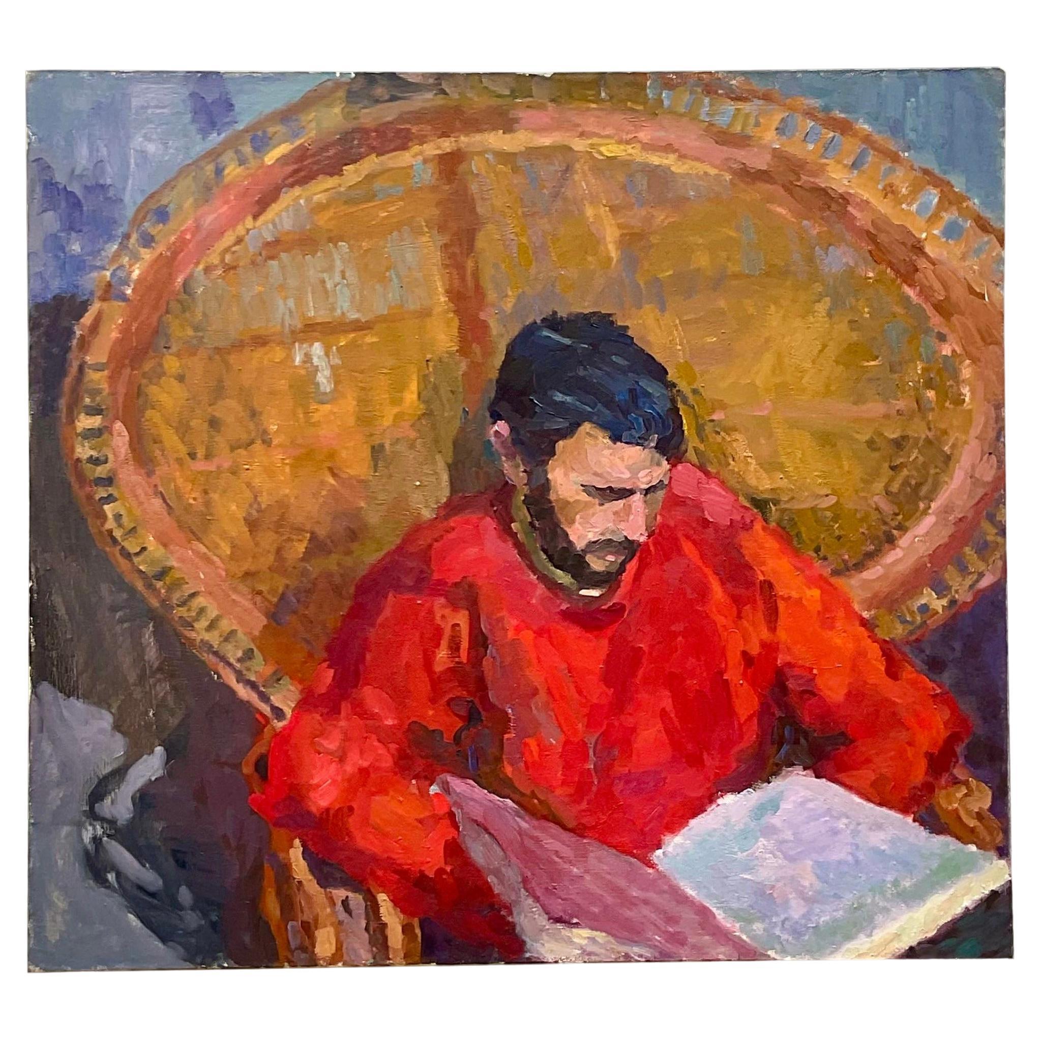 Vintage Monumental Original Signed Painting of Reading Man