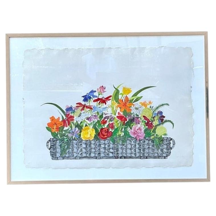Vintage Monumental Original Aquarelle Bouquet Floral sur Papier