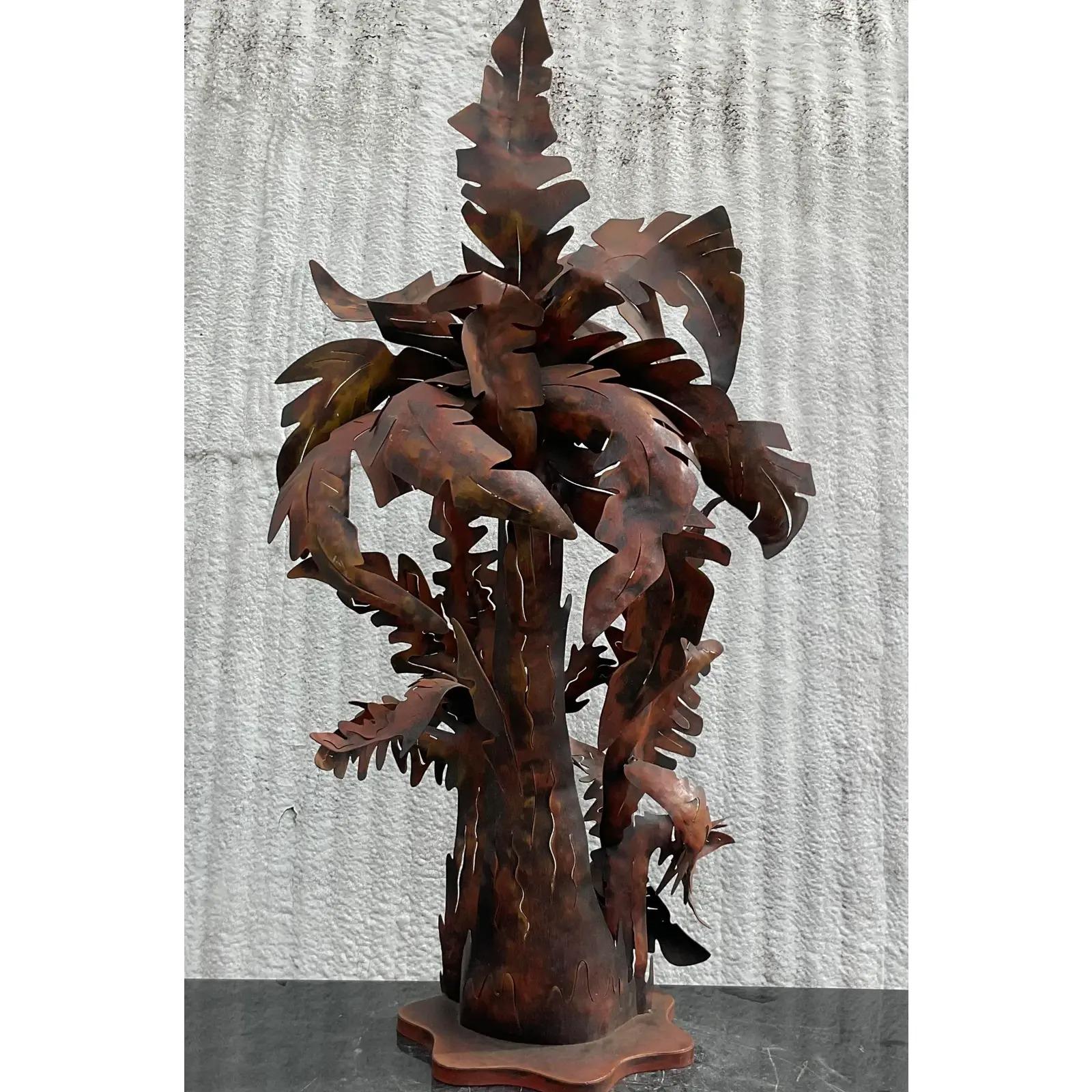 North American Vintage Monumental Patinated Punch Cut Palm Tree Lamp For Sale
