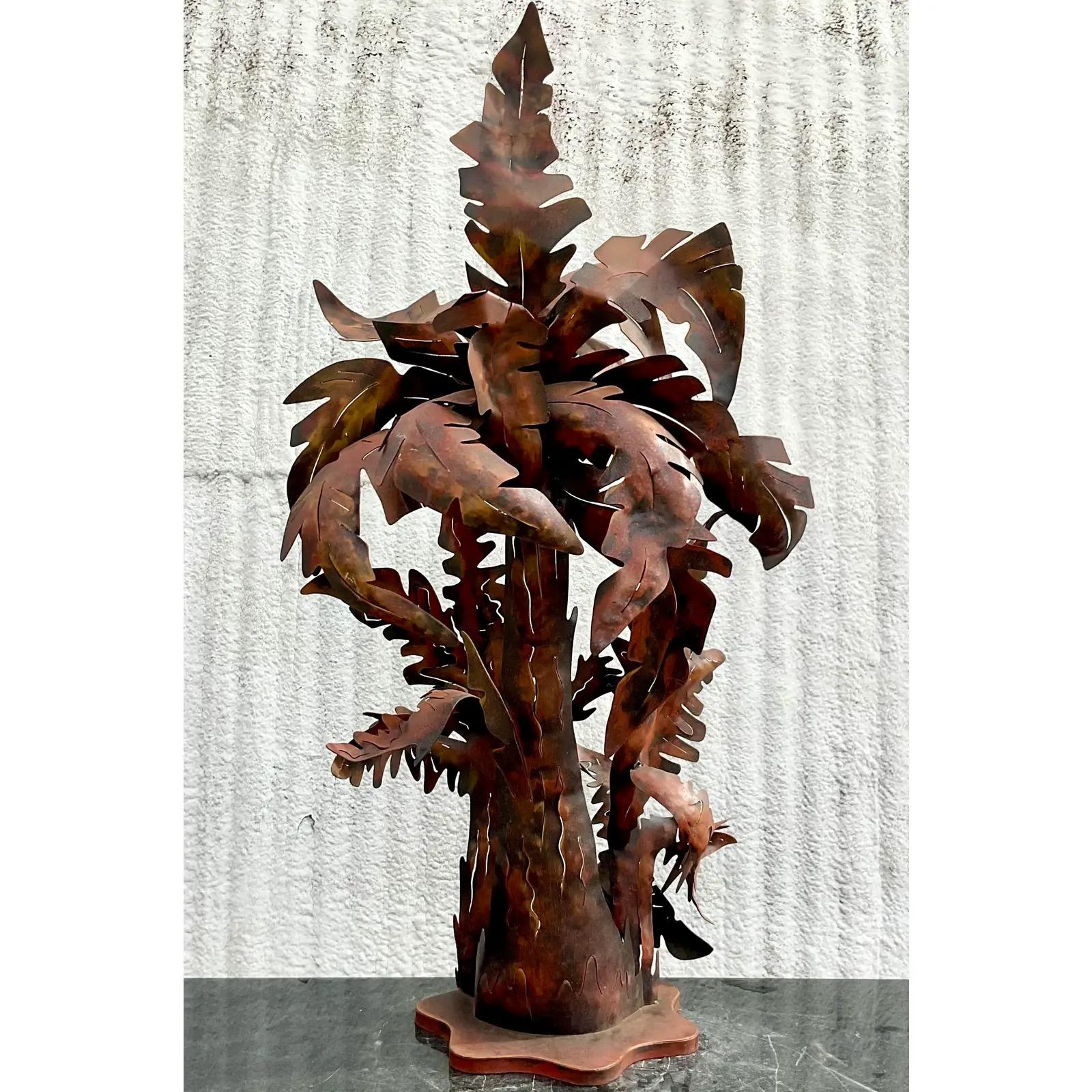 20th Century Vintage Monumental Patinated Punch Cut Palm Tree Lamp For Sale