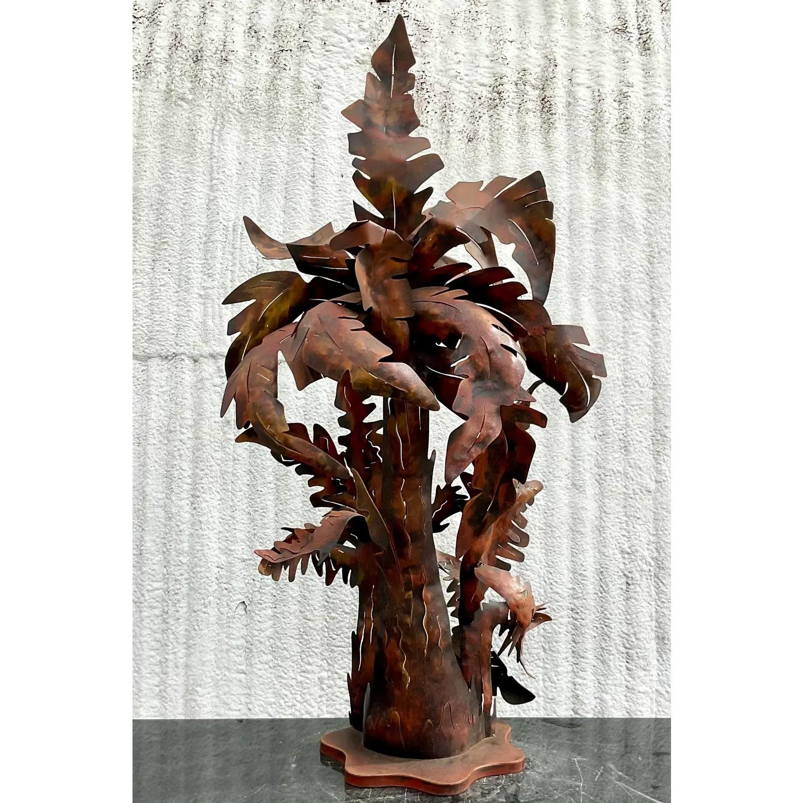 Metal Vintage Monumental Patinated Punch Cut Palm Tree Lamp For Sale