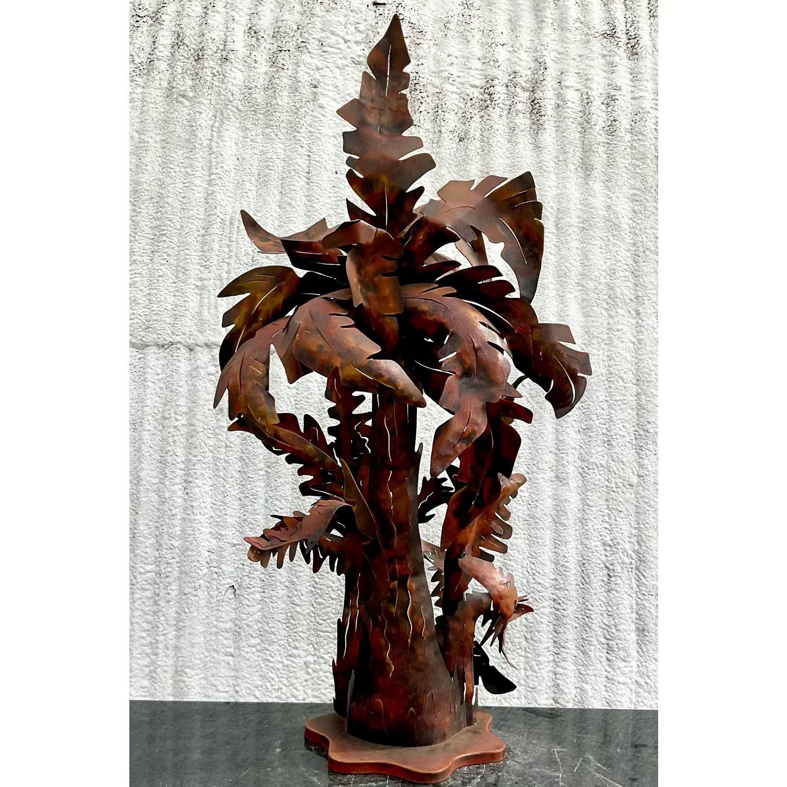 Vintage Monumental Patinated Punch Cut Palm Tree Lamp For Sale 1