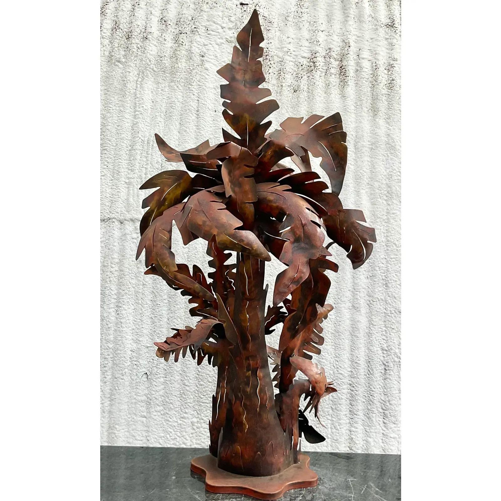 Vintage Monumental Patinated Punch Cut Palm Tree Lamp For Sale 2
