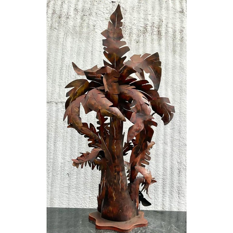 Vintage Monumental Patinated Punch Cut Palm Tree Lamp For Sale at 1stDibs