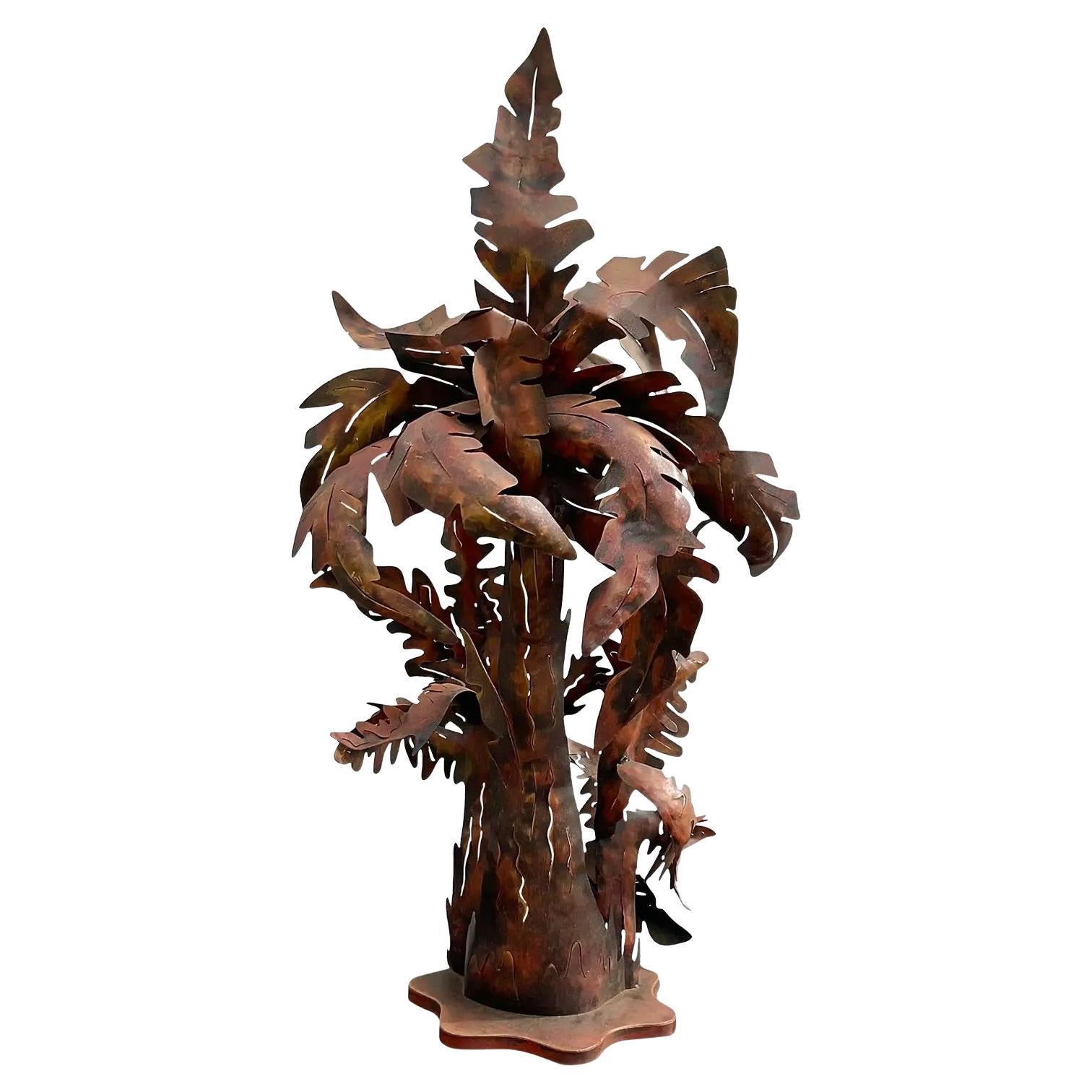 Vintage Monumental Patinated Punch Cut Palm Tree Lamp For Sale