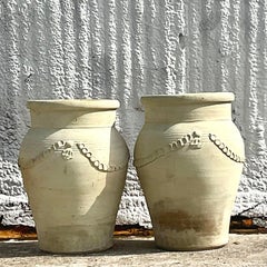 Vintage Monumental Patinated Swag Terracotta Planter- a Pair
