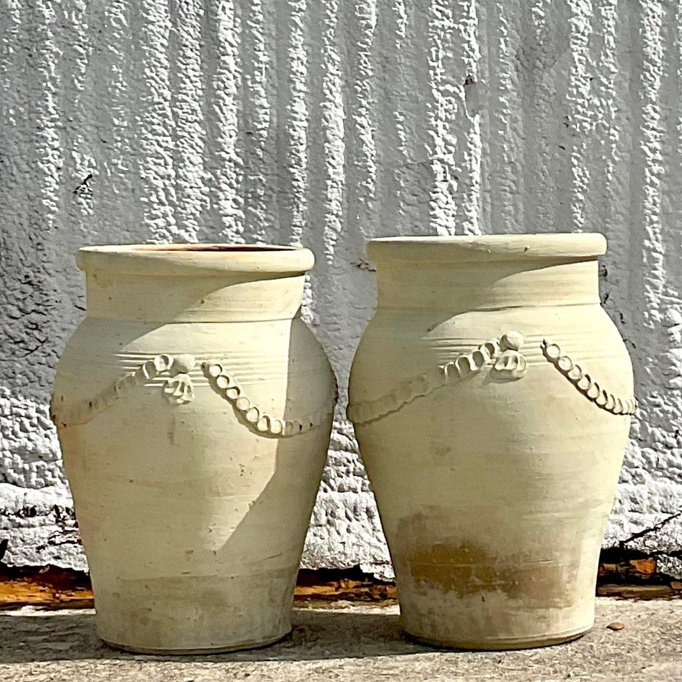 Vintage Monumental Patinated Swag Terracotta Planter- a Pair In Good Condition For Sale In west palm beach, FL