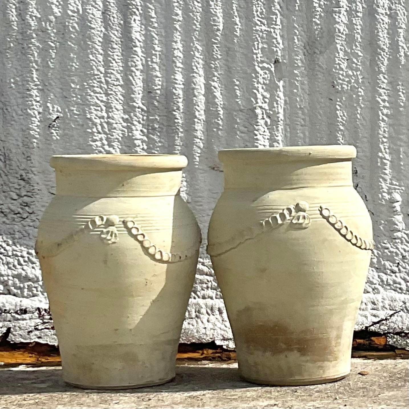 20th Century Vintage Monumental Patinated Swag Terracotta Planter- a Pair For Sale