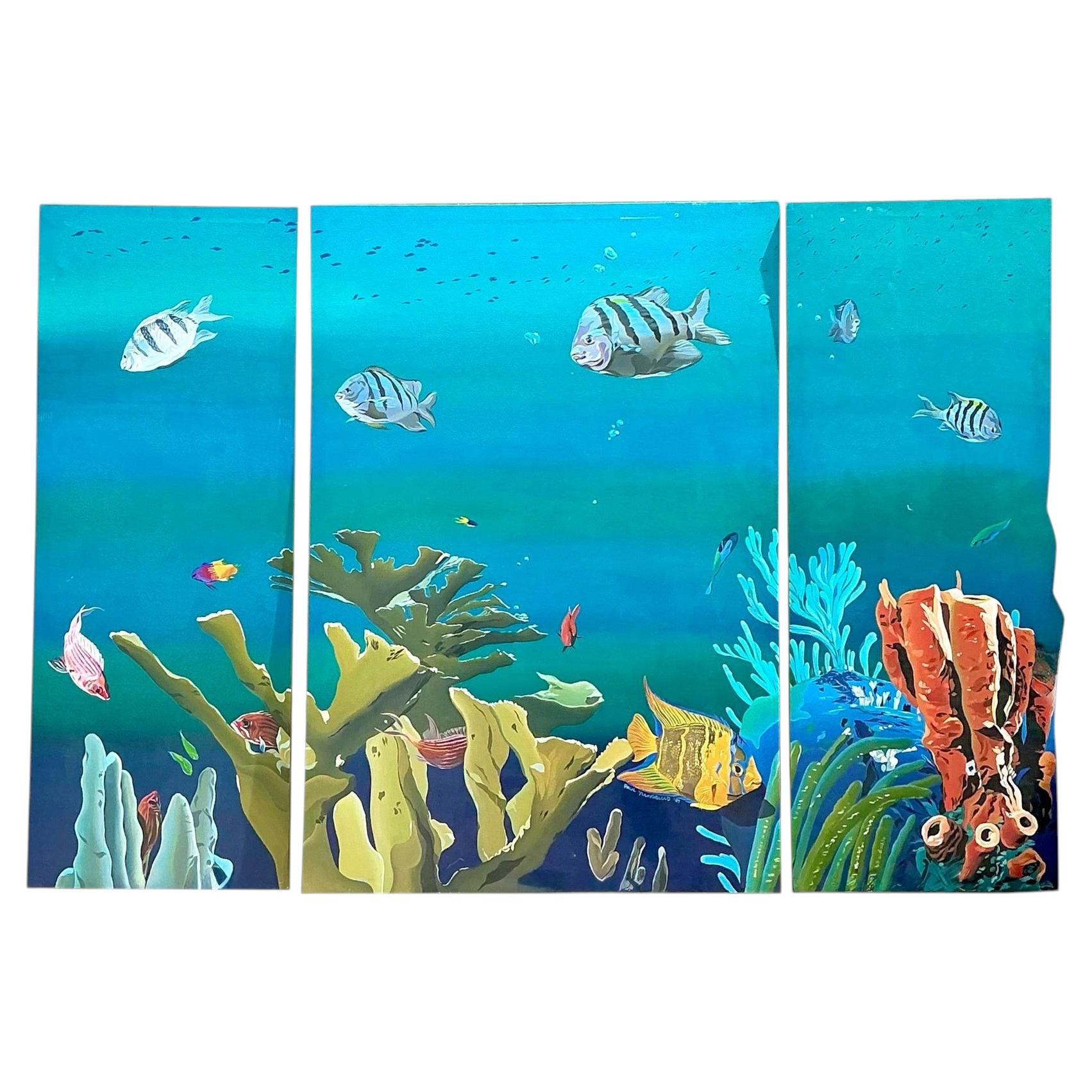 Vintage Monumental Paul Youngblood Original Undersea Oil Tryptic on Canvas