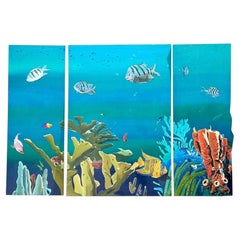 Vintage Monumental Paul Youngblood Original Undersea Oil Tryptic on Canvas