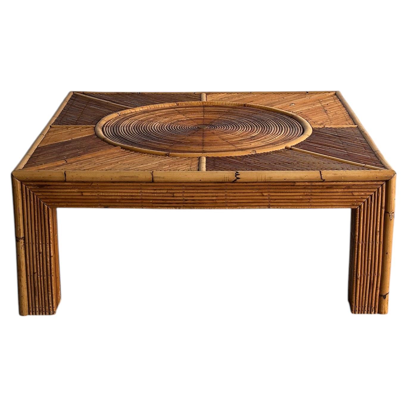 Vintage Italian Sunburst Rattan Coffee Table Attributed to Vivai del Sud, 1970s