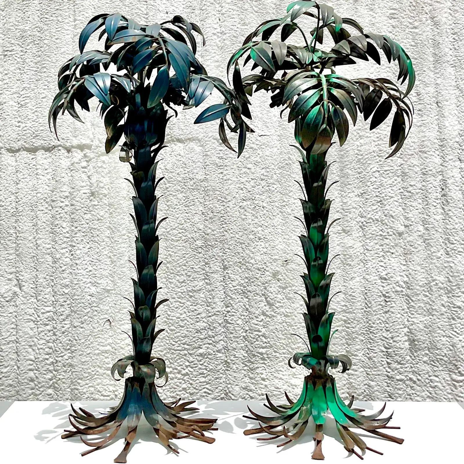 Vintage Monumental Regency Hans Kogl Polychromed Metal Palm Tree Lamps, a Pair In Good Condition In west palm beach, FL