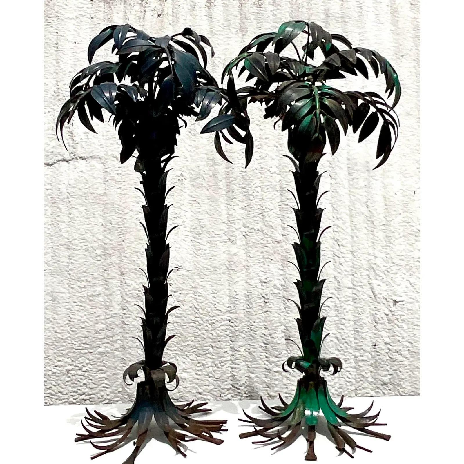 20th Century Vintage Monumental Regency Hans Kogl Polychromed Metal Palm Tree Lamps, a Pair