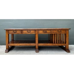 Vintage Monumental Rustic Wood and Marble Console Table