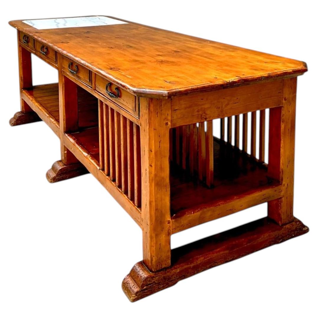 Vintage Monumental Rustic Wood and Marble Console Table For Sale