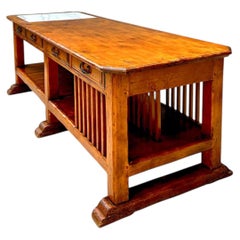 Vintage Monumental Rustic Wood and Marble Console Table