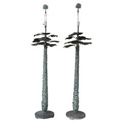 Vintage Monumental Sculptural Verdigris Palm Tree Floor Lamps-Pair